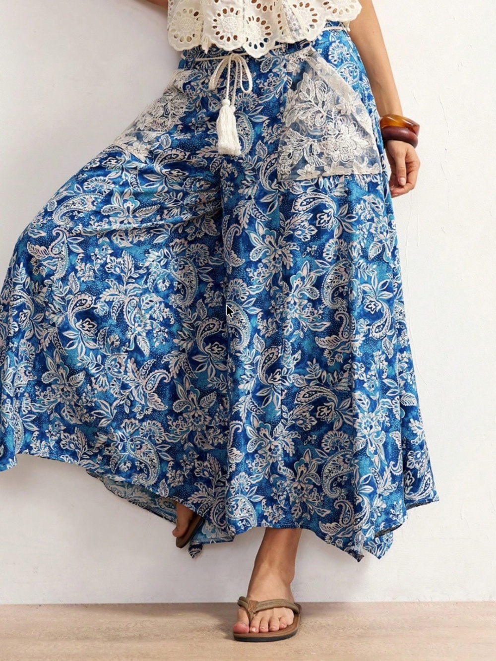 Boho Floral Print Stretchy Waist Cropped Wide leg Pants